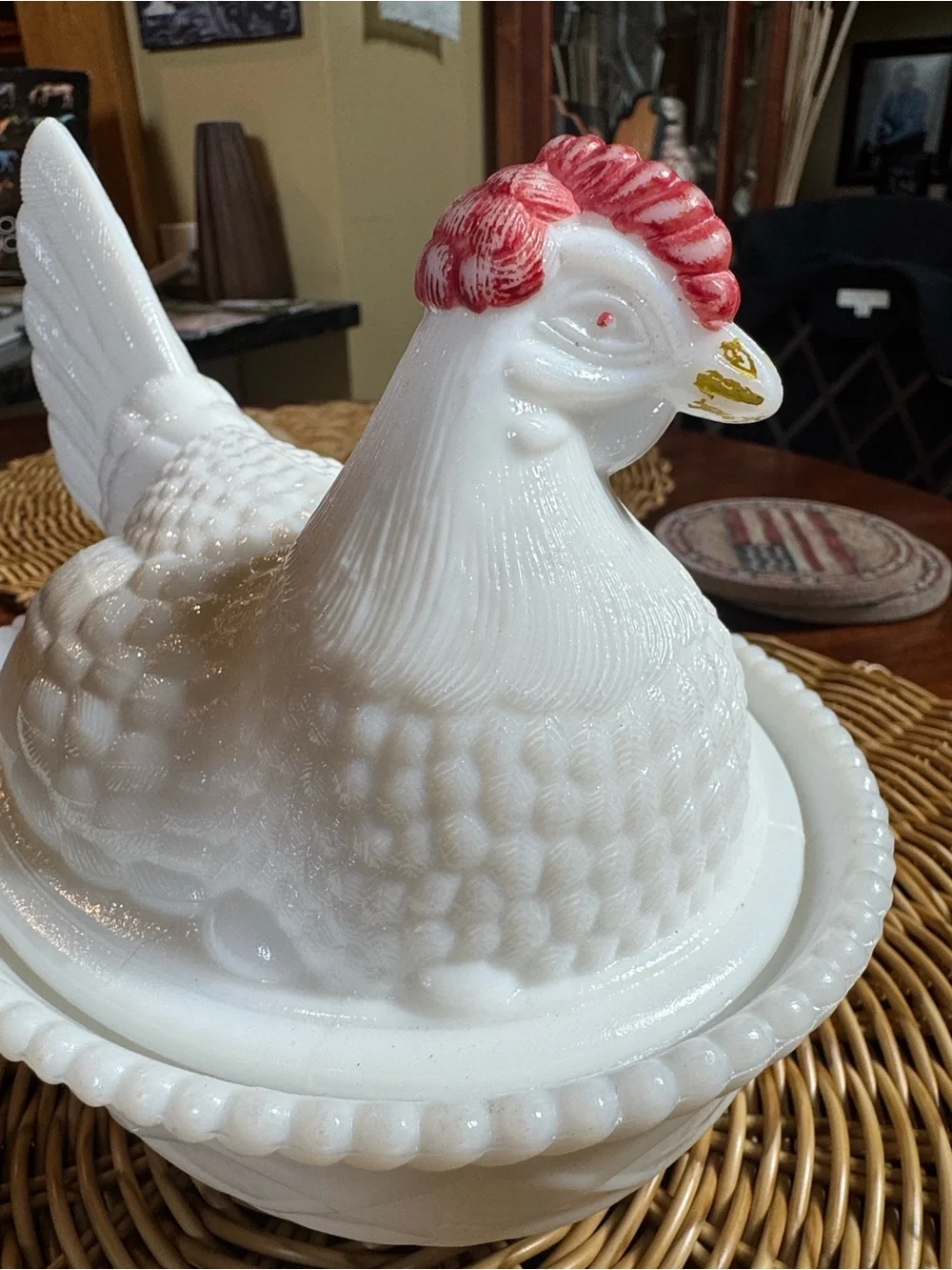 White Ceramic Hen on Nest Covered Dish with Red Comb